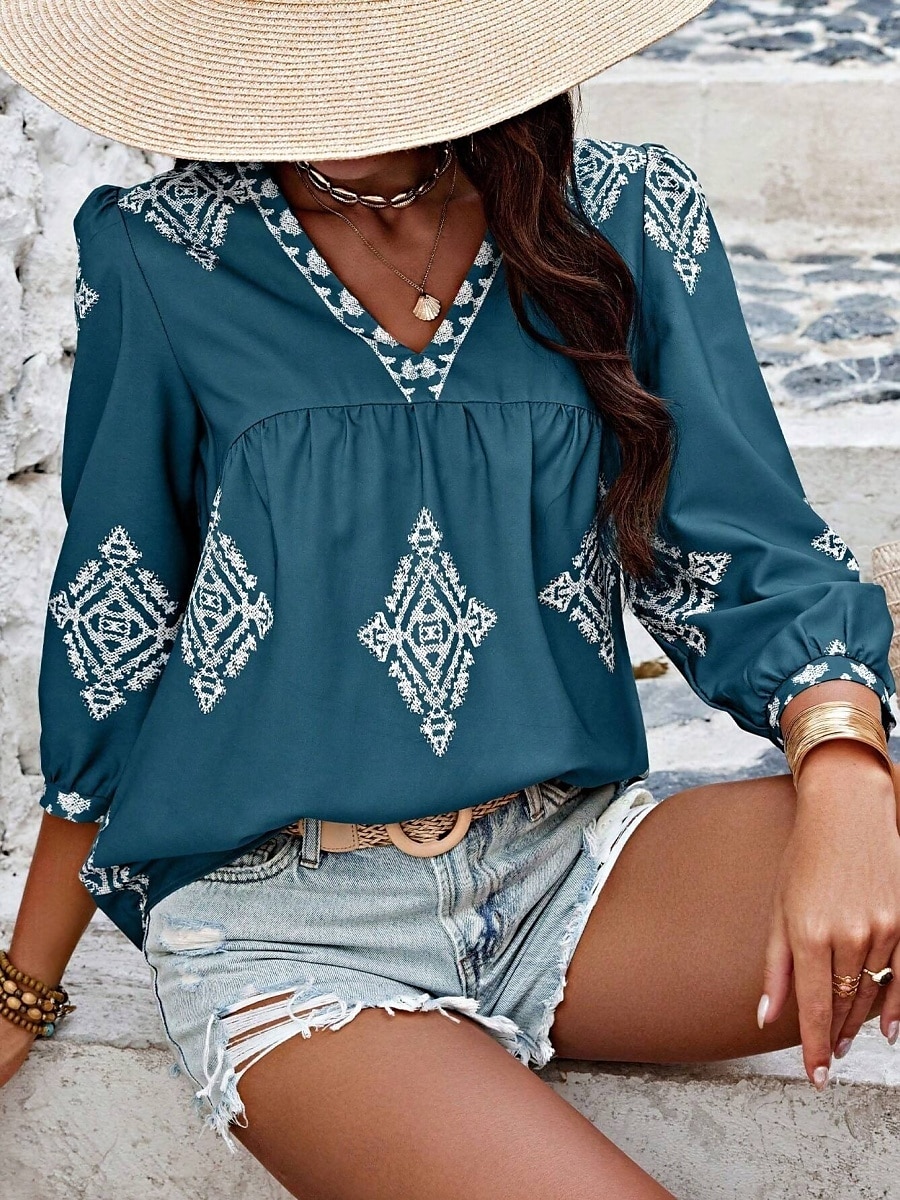Mulheres Blusa Geométrica Boêmia Casual Manga 3/4 Manga Princesa Decote V Tops regulares Diário Imprimir Rosa Azul Marinha Roxo Verde Verão Primavera de 2025 por $22.99 –P6