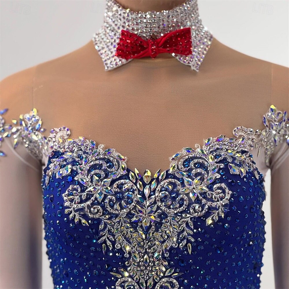Kunstschaatsjurk Dames Voor meisjes Schaatsen Jurken Marine Blauw Duimopening Open achterkant Netstof Hoge Elasticiteit Opleiding Wedstrijd Kunstschaatskleding Klassiek Kristal / Bergkristal Lange 2025 - $201.09 –P3