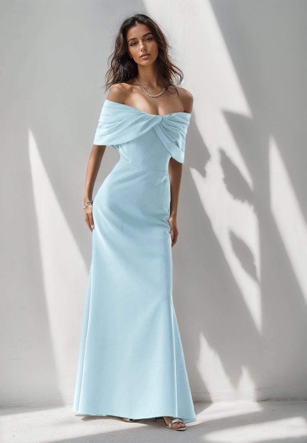 Robe de soirée sirène rose bleue élégante Robe formelle longueur de sol sans manches épaules dénudées crépon extensible avec nœud(s) ruché de 2025 ? $134.99 –P6