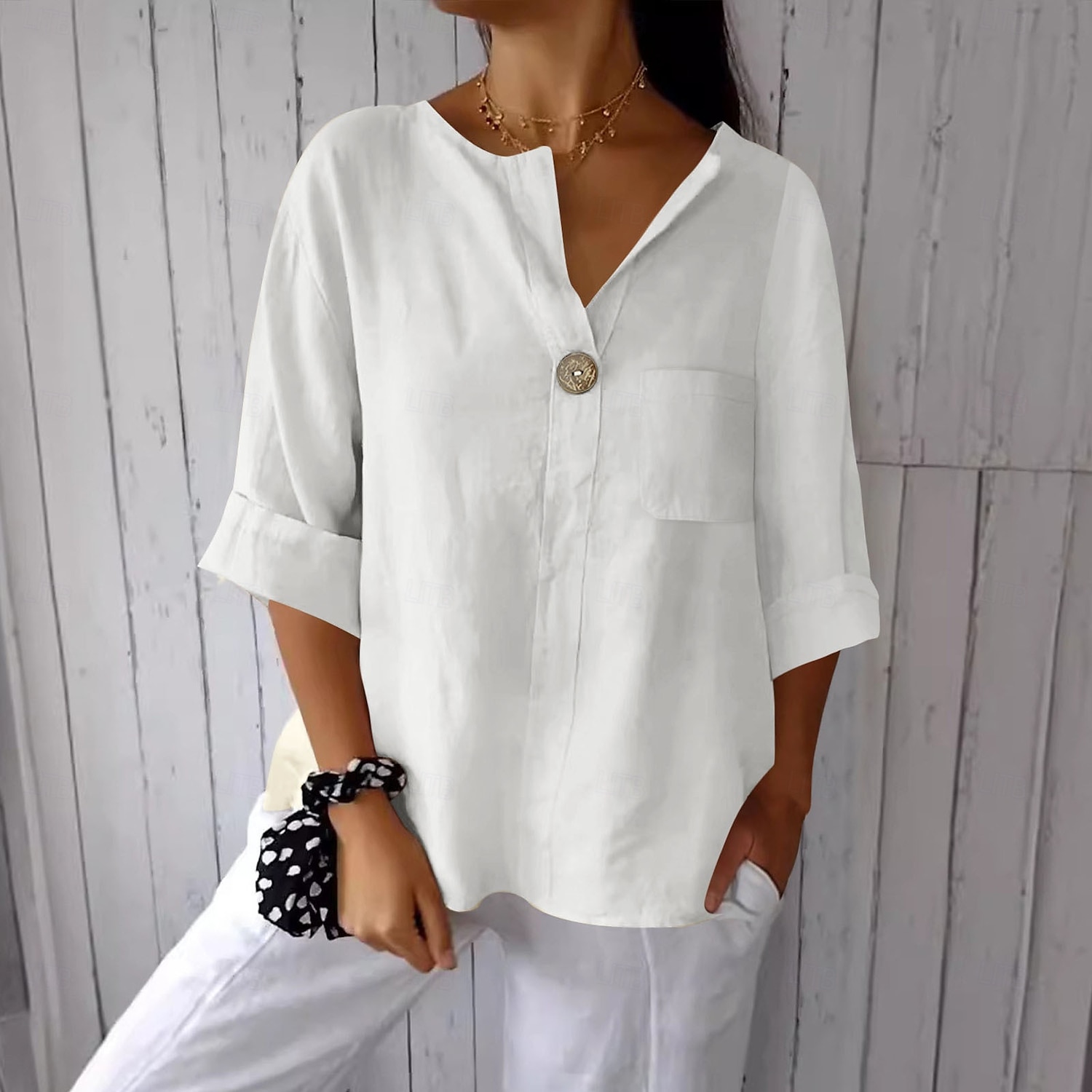 Women's Cotton Linen Blouse Solid Color Elegant Stylish Casual 3/4 Length Sleeve V Neck Regular Tops Daily Holiday Buttons Black White Pink Blue Beige Summer Spring 2025 - $17.99 –P7