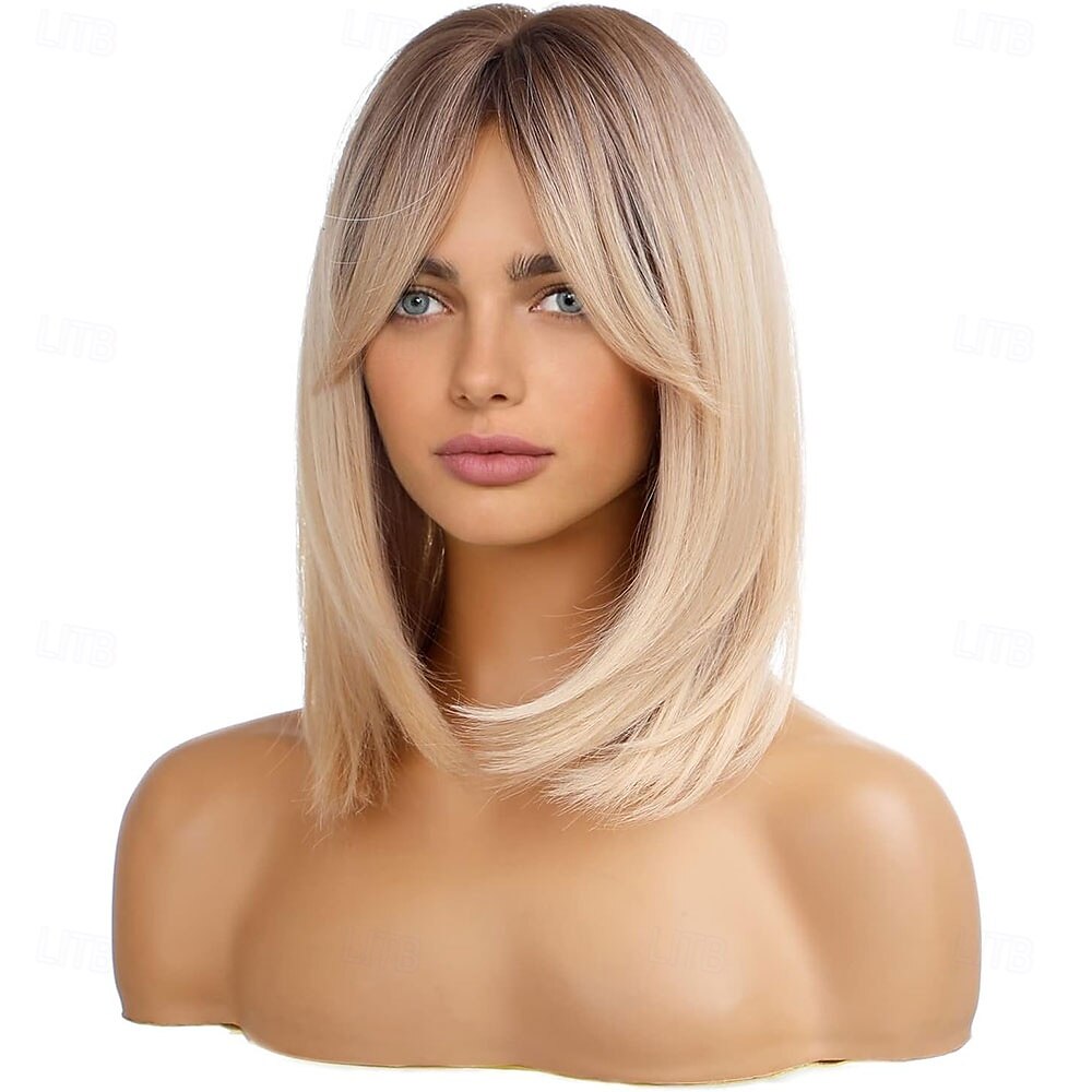 blonde pruiken voor vrouwen schouderlang gelaagd haar met donkere wortels synthetische korte pruik met pony voor dagelijks gebruik of cosplay 2025 - $25.99 –P5