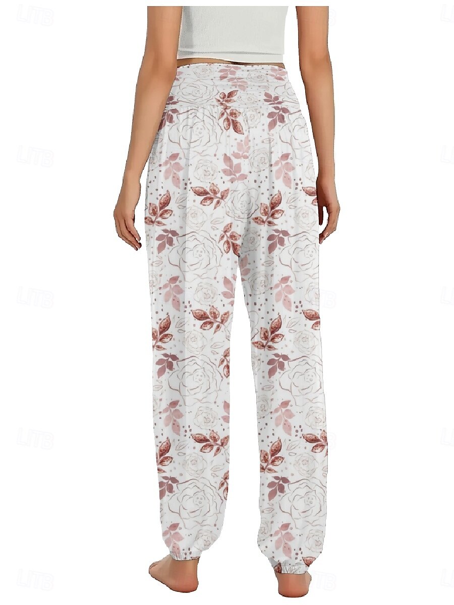 Dam Linneinspirerade byxor Brett skaft Byxor Etnisk Stil Ledigt Boho Fullängd Hög midja Blommig Ficka Elastisk midja Tryck Mateial som andas Mjuk Microelastisk Utomhus Yoga Vit Gul Rosa Purpur Sommar 2025 - $21.99 –P17