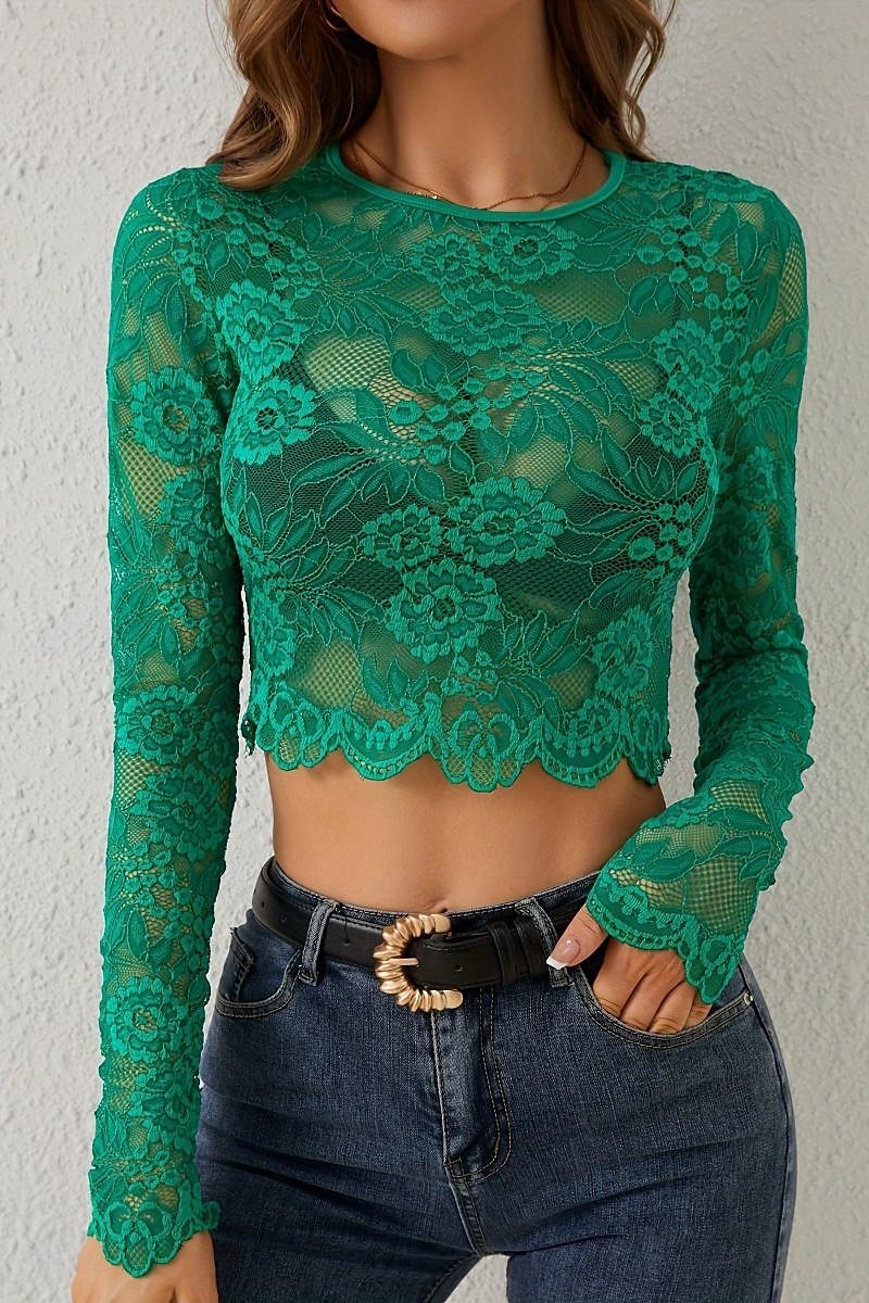 Női Blúz Csipke felsők Sima Elegáns Stílusos Hosszú ujj Terített nyak Crop Tops Napi Alkalmi Csipke Fehér Lóhere Nyár 2025 - $17.99 –P7