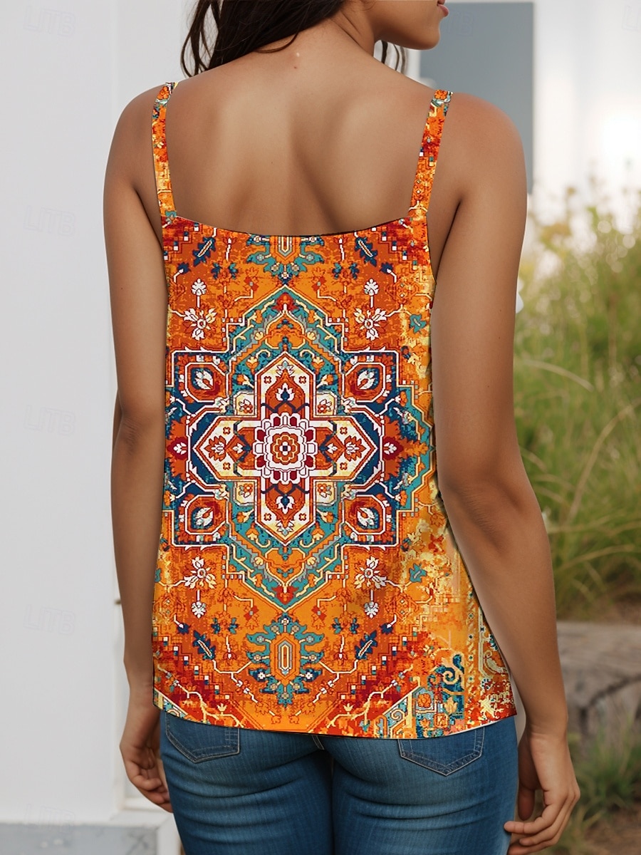 Dame Camisole Tank Top Grafisk Geometrisk Fritid Ermeløs Med stropper Vanlige topper Daglig Åpen rygg Lapper Trykt mønster Gul Rød Oransje Sommer Vår 2025 - $23.99 –P2