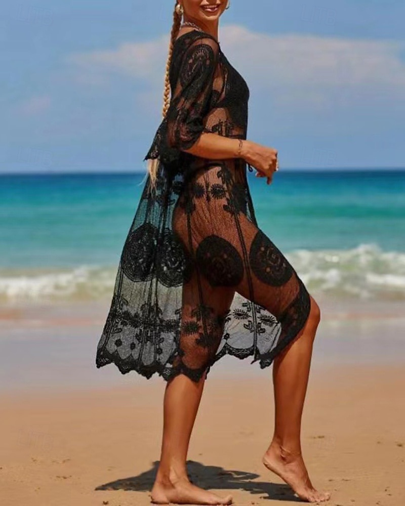 Damen Badeanzug Überwurf Bademode Spitze Patchwork Tropisch Strandbekleidung Einfarbig V-förmiger Draht-Ausschnitt Kurze Ärmel Badeanzüge 2025 - $24.99 –P7