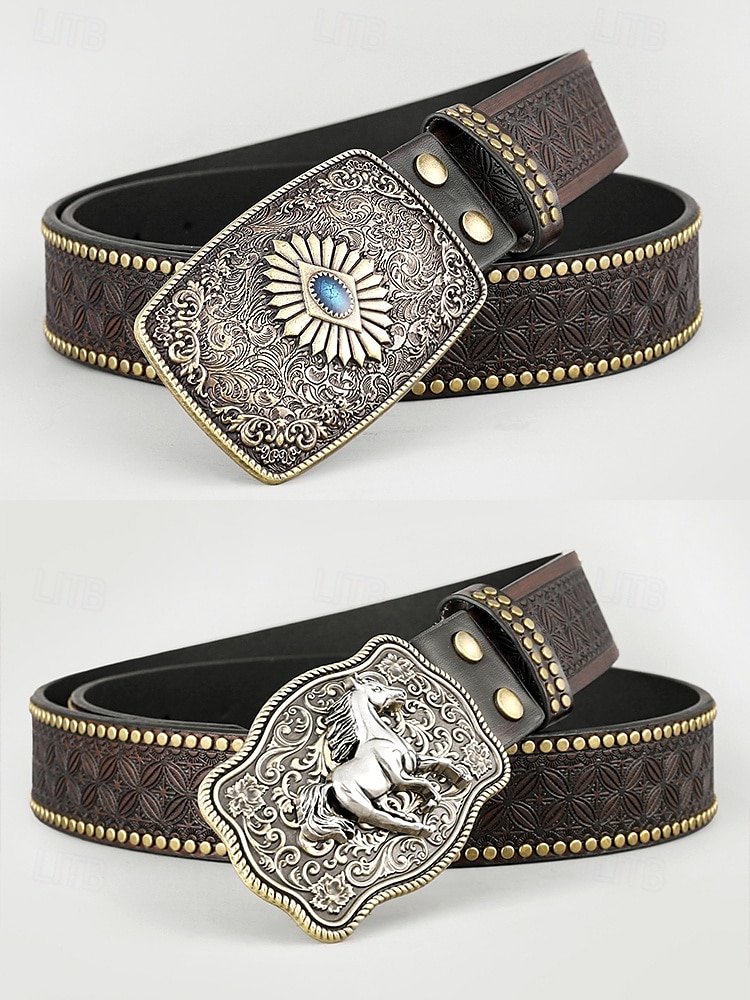 Men's Western Style Leather Belt with Eagle Buckle – Vintage Embossed Design with Rivets, Ideal for Casual and Country Wear 2025 - $18.99 –P8