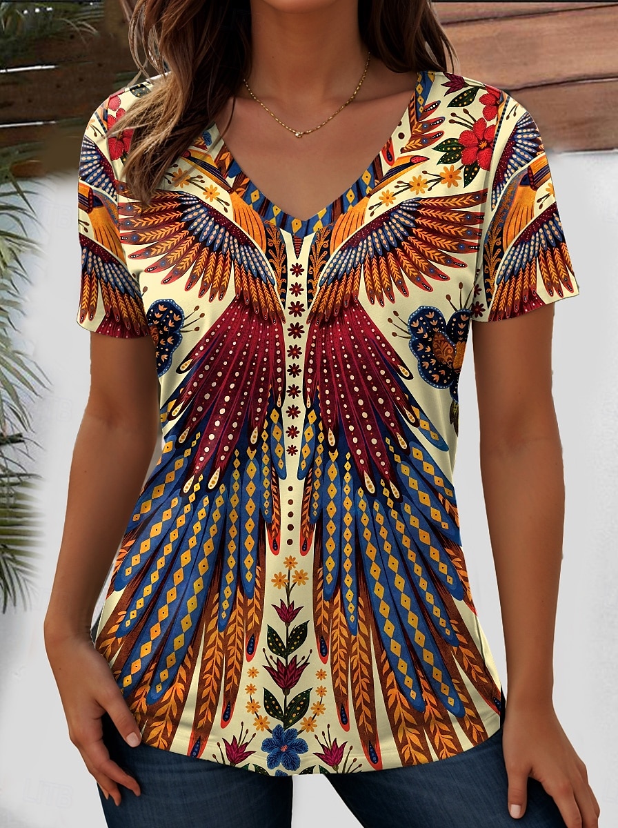 Women's T Shirt Graphic Geometric Paisley Bohemia Vintage Stylish Short Sleeve V Neck Regular Tops Daily Going out Beach Wear Print Black+White+Red Black White Red Purple Summer 2025 - $19.99 –P4
