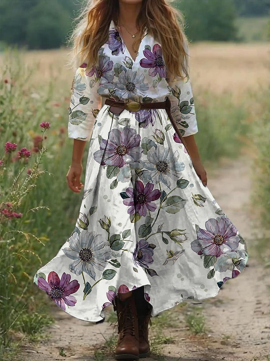 Kvinners Boho Kjole Vestlands Kjole Maxi Kjole Solkjole Plissert Kjole Ferie Uformell Boho Går Ut Strand Standard Passform Grafikk Paisley 3/4 Lengde Erme V Uten Hvit Blå Oransje Grønn Sommer Vår 2025 - $35.99 –P3