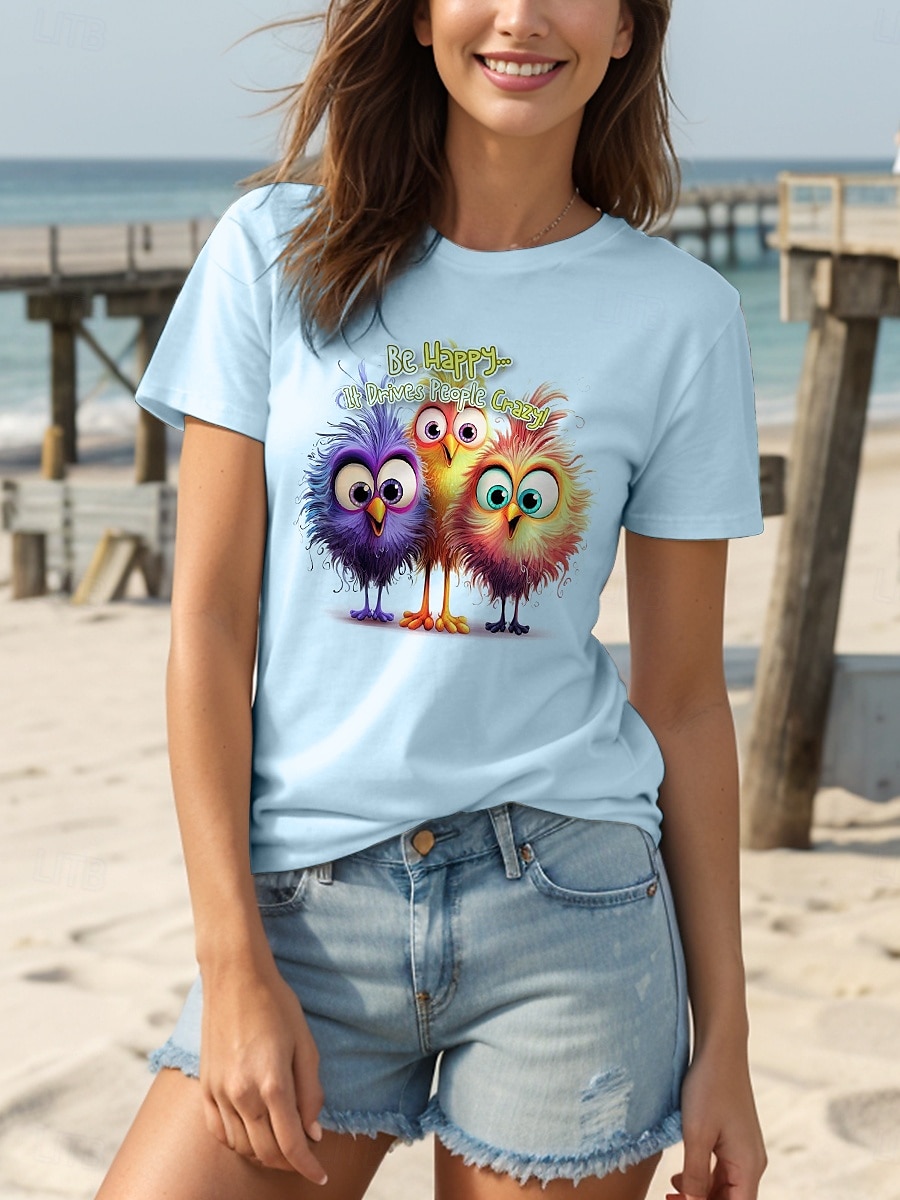 Dame T skjorte Grafisk Dyr Fugl Årgang Stilfull Klassisk Kortermet Crew-hals Rund hals Vanlige topper Daglig Trykt mønster Hvit Rosa Lyseblå Sommer Vår 2025 - $19.99 –P3