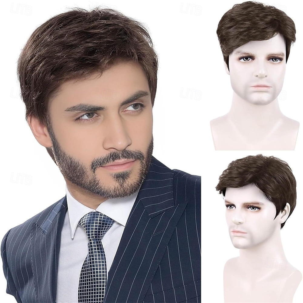 Pelucas cortas negras para hombre, pelucas sintéticas naturales en capas, peluca de repuesto para uso diario, fiesta, cosplay, disfraz, Halloween. 2025 - $25.99 –P5