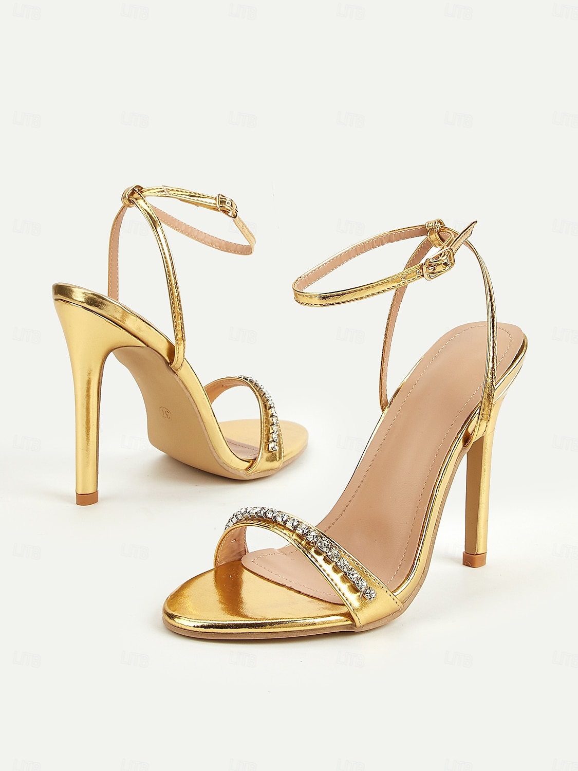 Tacones altos con tiras metálicas doradas para mujer: sandalias deslumbrantes con cristales para bailes de graduación y celebraciones especiales. 2025 - $32.99 -P2