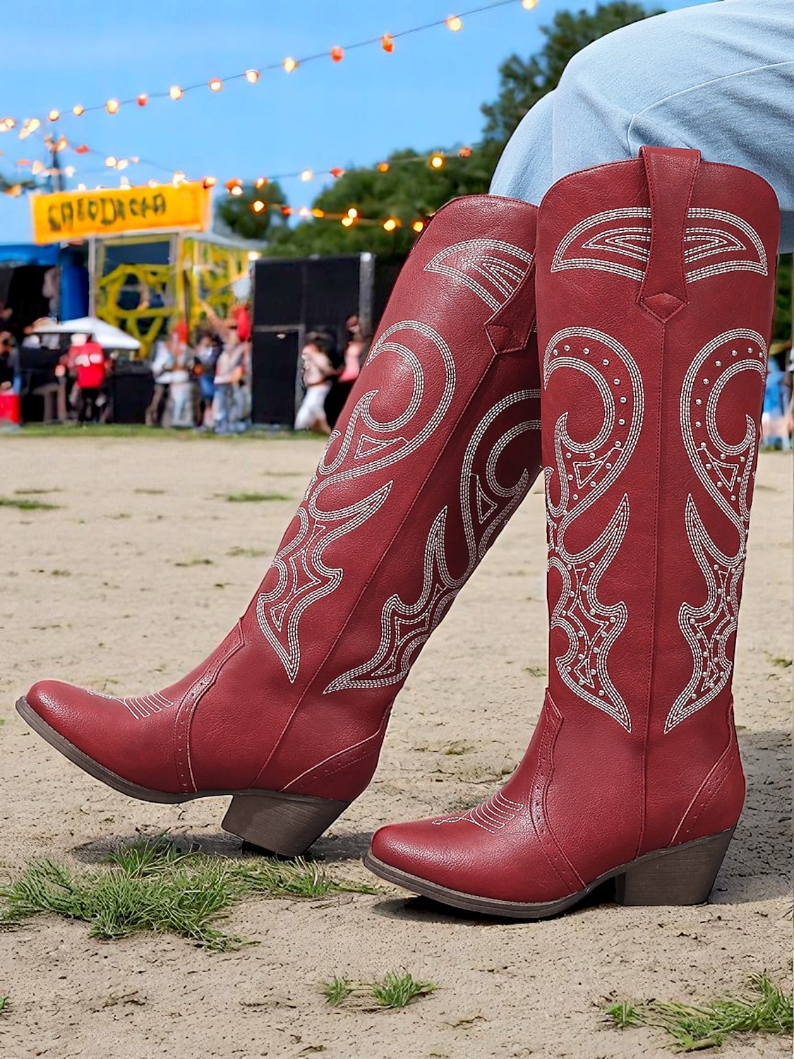 cizme de cowboy occidentale de damă cu design brodat – cizme elegante maro cu toc bloc pentru festivaluri de muzică, îmbrăcăminte casual și evenimente în aer liber 2025 - $64.99 –P3
