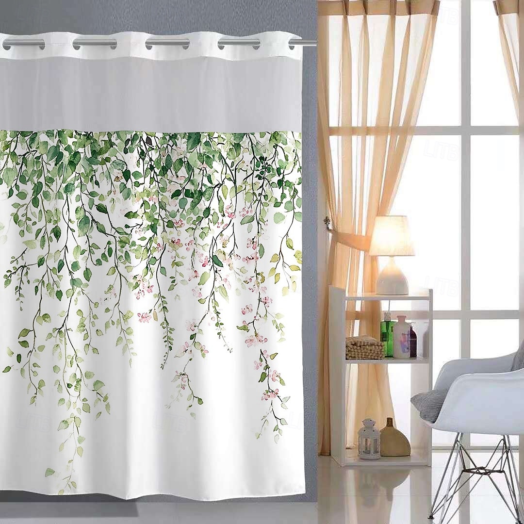 Шторка для душа без крючков 180см*180см (70"*70") с подкладкой из полиэстера с кнопками прозрачным верхним окном водонепроницаемая двойная шторка для ванной с узором из листьев 2025 - $34.99 –P2