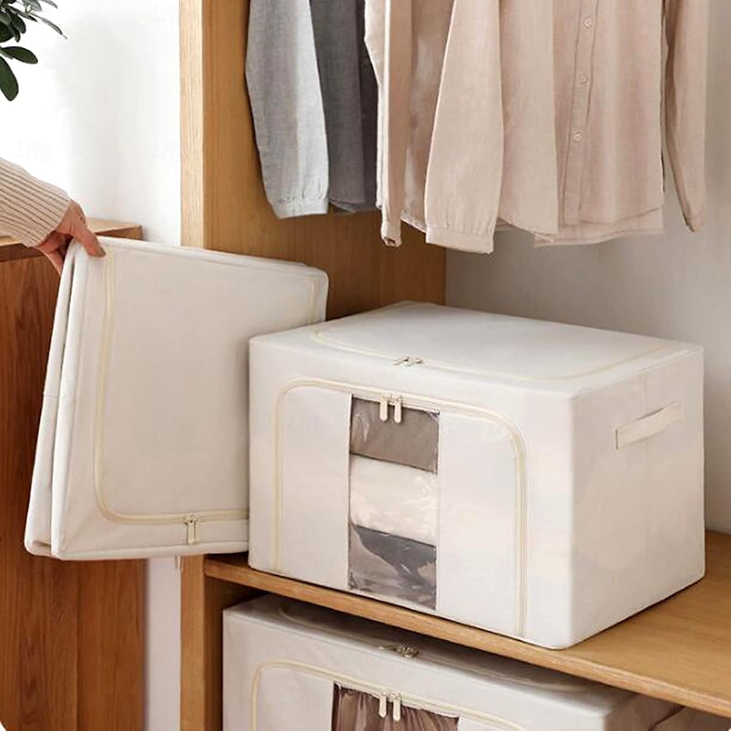Clothes Storage Bins Stackable Metal Frame Storage Box Foldable Linen Fabric Organizer with Carrying Handles and Clear Window 2025 - $13.99 –P6