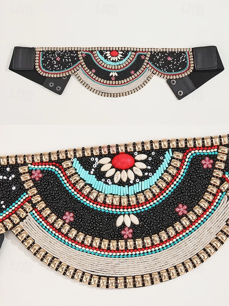 Damengürtel im Bohemian-Stil, handgefertigt, mit Perlen besetzt, elastisches Band mit Quasten und Anhängern – farbenfrohes Stickdesign für Damen, perfekt für Strandbekleidung, Festivals und Sommeranlässe 2025 - $24.99 –P6