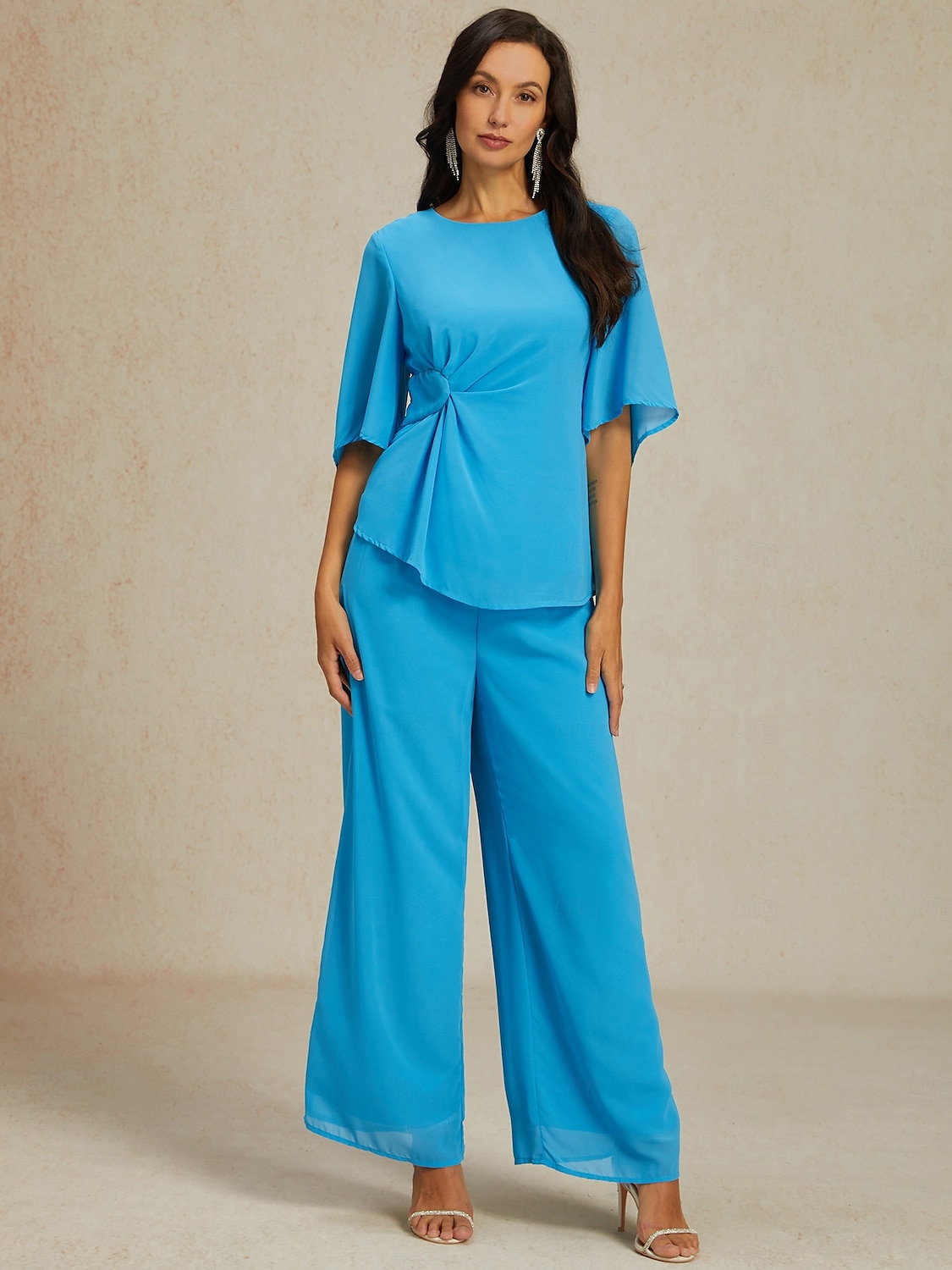 Women's Elegant Stylish Blouse Pants Trousers Half Sleeve Crew Neck Plain Ruched Wedding Guest Daily Blue Summer Regular Fit 2025 - $55.99 –P1