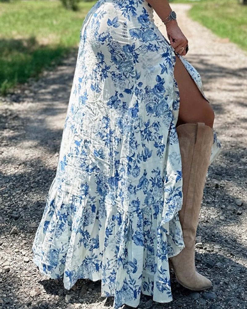 Femmes Jupe Occasionnel Boho Maxi Taille Basse Jupes Fleuri Imprimé Fendu Micro-Élastique Vacances Rue Blanche Été Polyester de 2025 ? $20.99 –P3