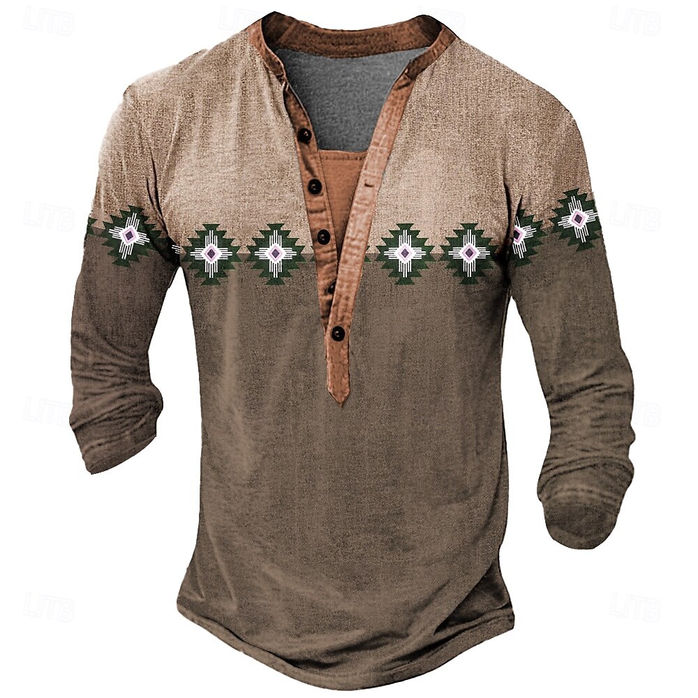 Férfi Törzsi Póló Henley ing Hosszú ujj Dizájn Retró Alkalmi Utca Hétköznapi Napi Nyár Tavasz Ősz Sötétbarna Zöld Medence Henley Henley póló 2025 - $22.99 –P3