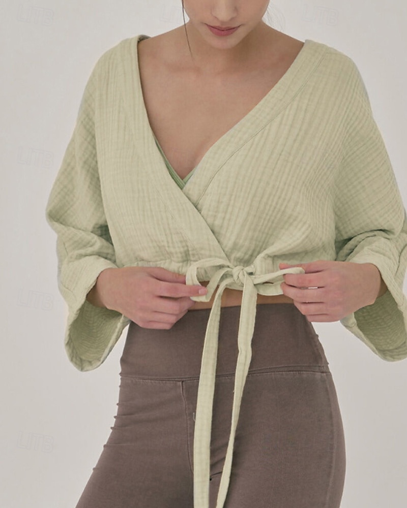 Dame Linskjorte Bluse عادي Fritid Langermet V-hals Crop Tops Daglig Ut på byen knyte foran Hvit Gul Brun Sommer 2025 - $36.99 –P1