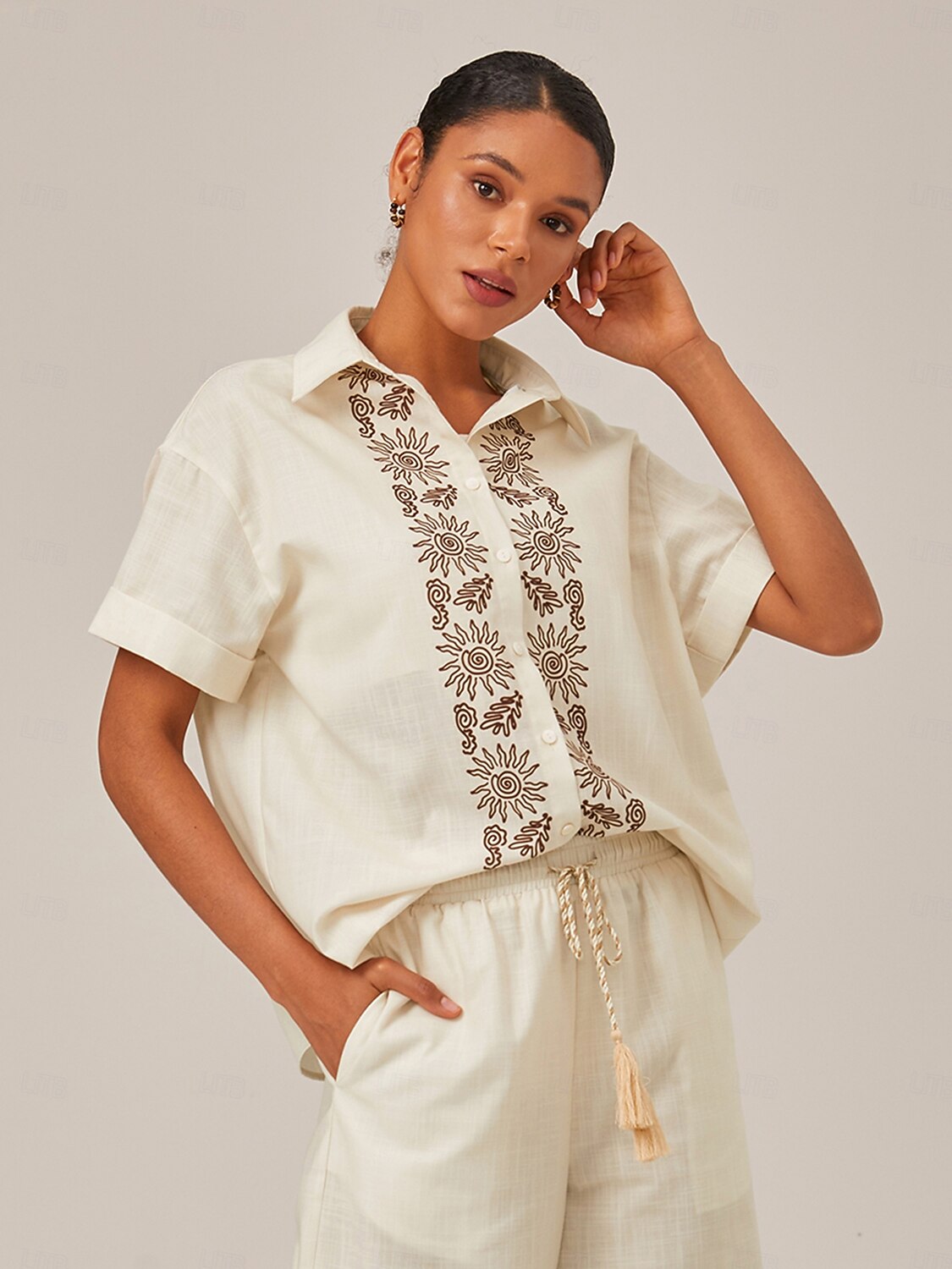 camicia in lino stampato con polsini arrotolati del 2025 a $13.99 –P7