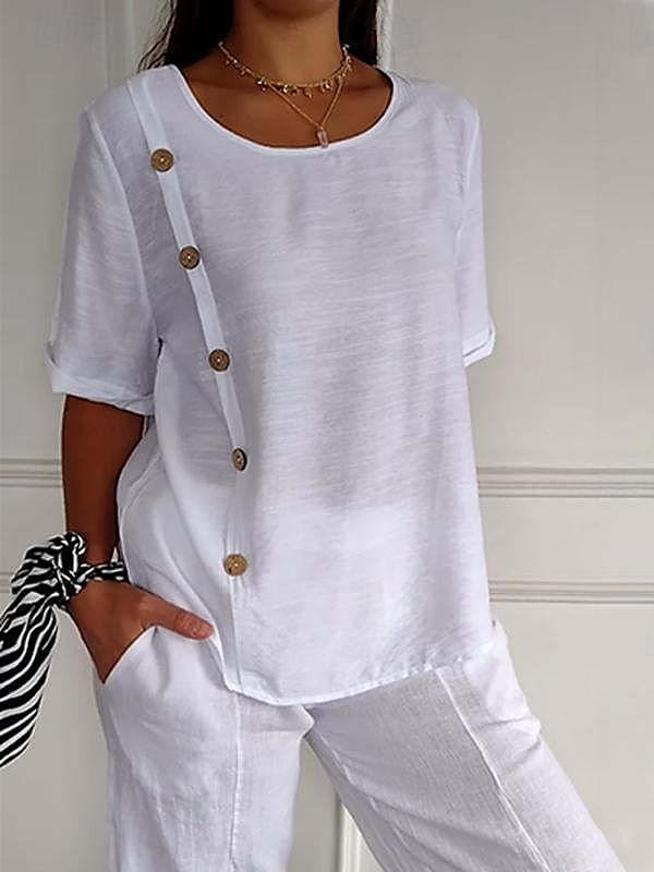 Femmes Chemises en coton et lin Uni Basique Manche Courte Col ras du cou Hauts Réguliers Quotidien Boutons Noir Blanche Vert Véronèse bleu marine Bleu Ciel Été de 2025 ? $16.99 –P5
