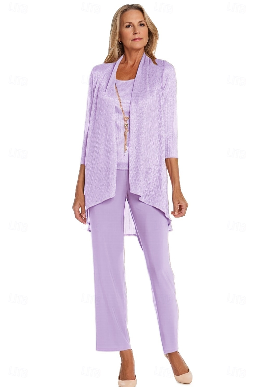 Completo pantalone 3 pezzi per la madre della sposa, elegante, con scollo rotondo, lunghezza pavimento, in chiffon, maniche lunghe, con volant a cascata in pizzo, arricciato, 2025 del 2025 a $148.99 –P4