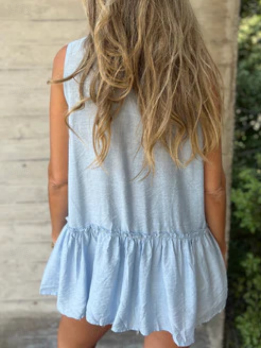 Dámská košile jednobarevná stylová příležitostná bez rukávů límec regular tops každodenní lněné volány knoflíky černá bílá světle modrá léto 2025 - $28.99 –P7