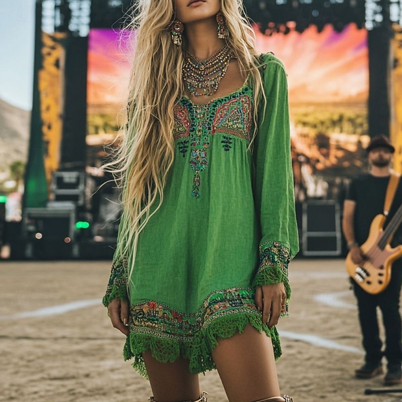 Femmes Mini Robe Robe bohème Robe occidentale Mode Moderne Quotidien Fête Sortir Coupe régulière Fleur manche longue Col carré Vert Été de 2025 ? $23.99 –P1