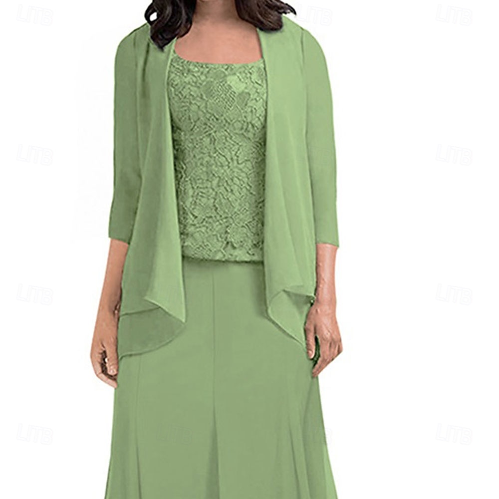 Ensembles de Robes Robe de Mère de Mariée  Élégant Simple Col carré Longueur thé Polyester Manche 3/4 avec Couleur Unie 2025 de 2025 ? $129.99 –P3