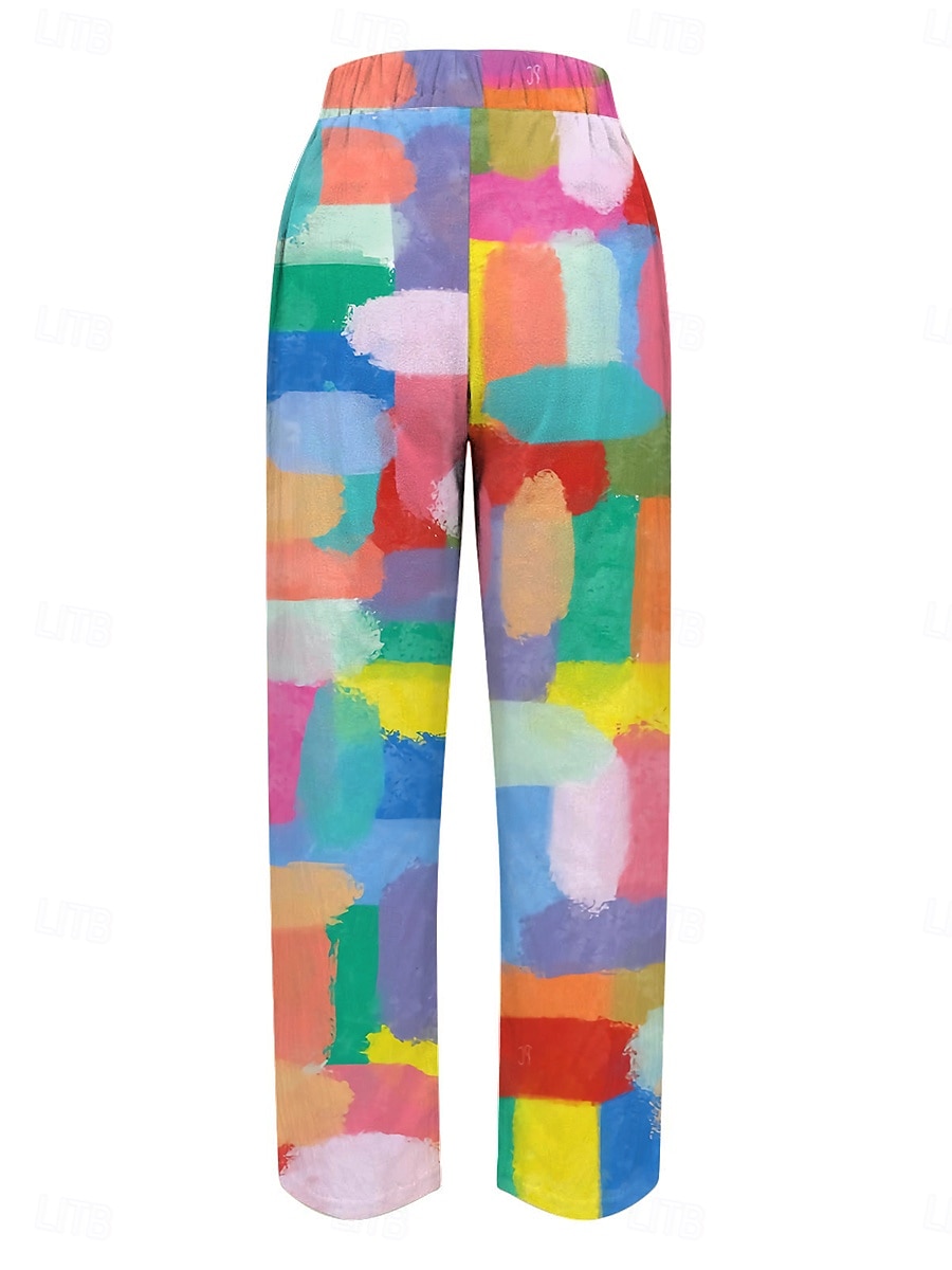 Women's Cotton Linen Pants Baggy Pants Linen Like Fashion Casual Full Length Mid Waist Floral Graphic Print Breathable Outdoor Comfortable Micro-elastic Daily Wear Rainbow Summer Spring Loose Fit 2025 - AU $57.99 –P2