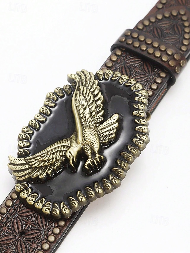 Men's Western Style Leather Belt with Eagle Buckle – Vintage Embossed Design with Rivets, Ideal for Casual and Country Wear 2025 - $18.99 –P5