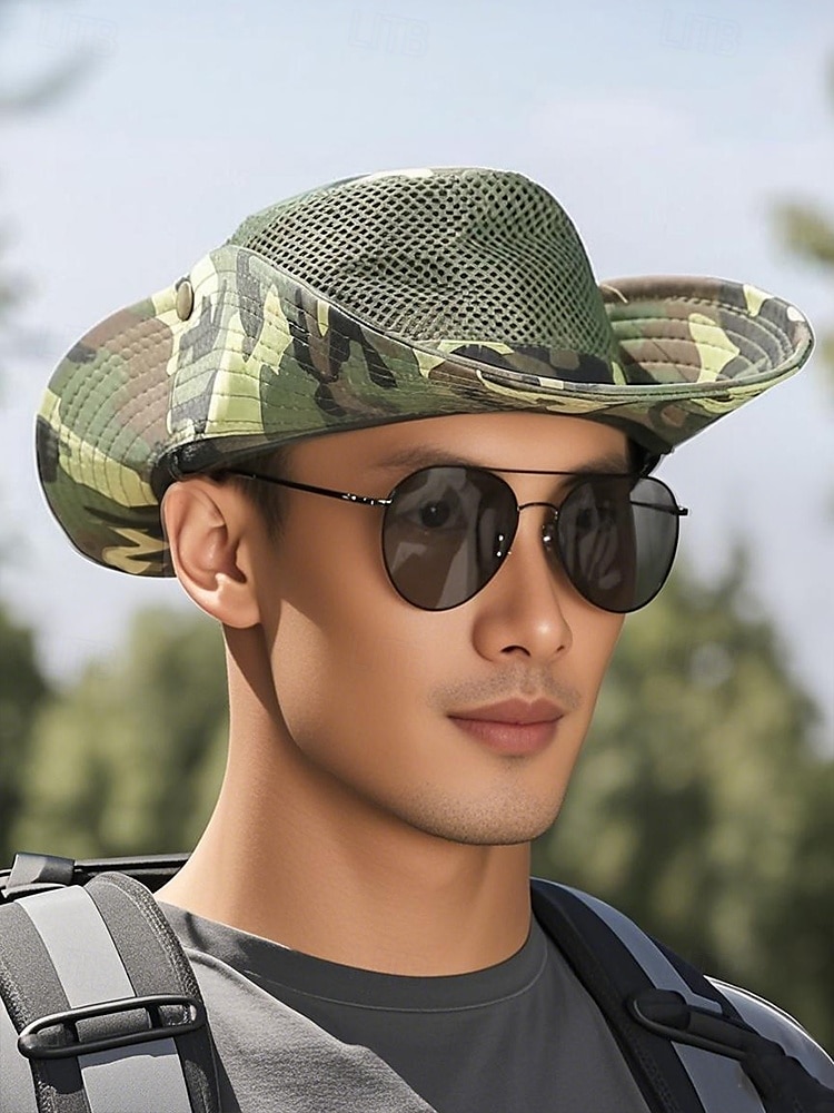 Herren-Sonnenhut aus Camouflage-Netzgewebe mit breiter Krempe und Kinnriemen – atmungsaktiver Outdoor-Wander- und Angelhut für Sommerreisen und Camping 2025 - $11.99 –P1