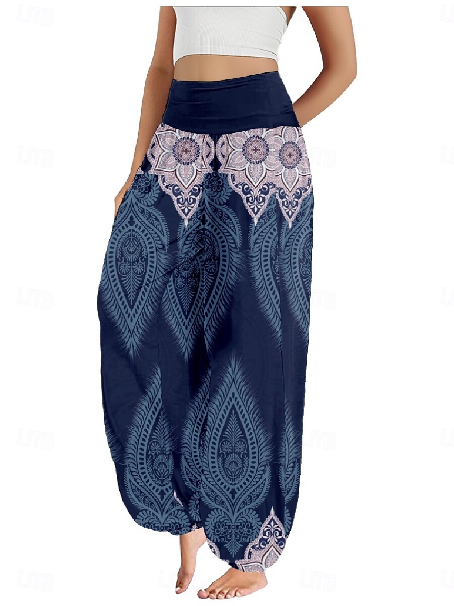 Dam Linneinspirerade byxor Brett skaft Byxor Etnisk Stil Ledigt Boho Fullängd Hög midja Grafiska tryck Ficka Elastisk midja Tryck Mateial som andas Mjuk Microelastisk Utomhus Yoga Svart Blå Purpur 2025 - $21.99 –P2