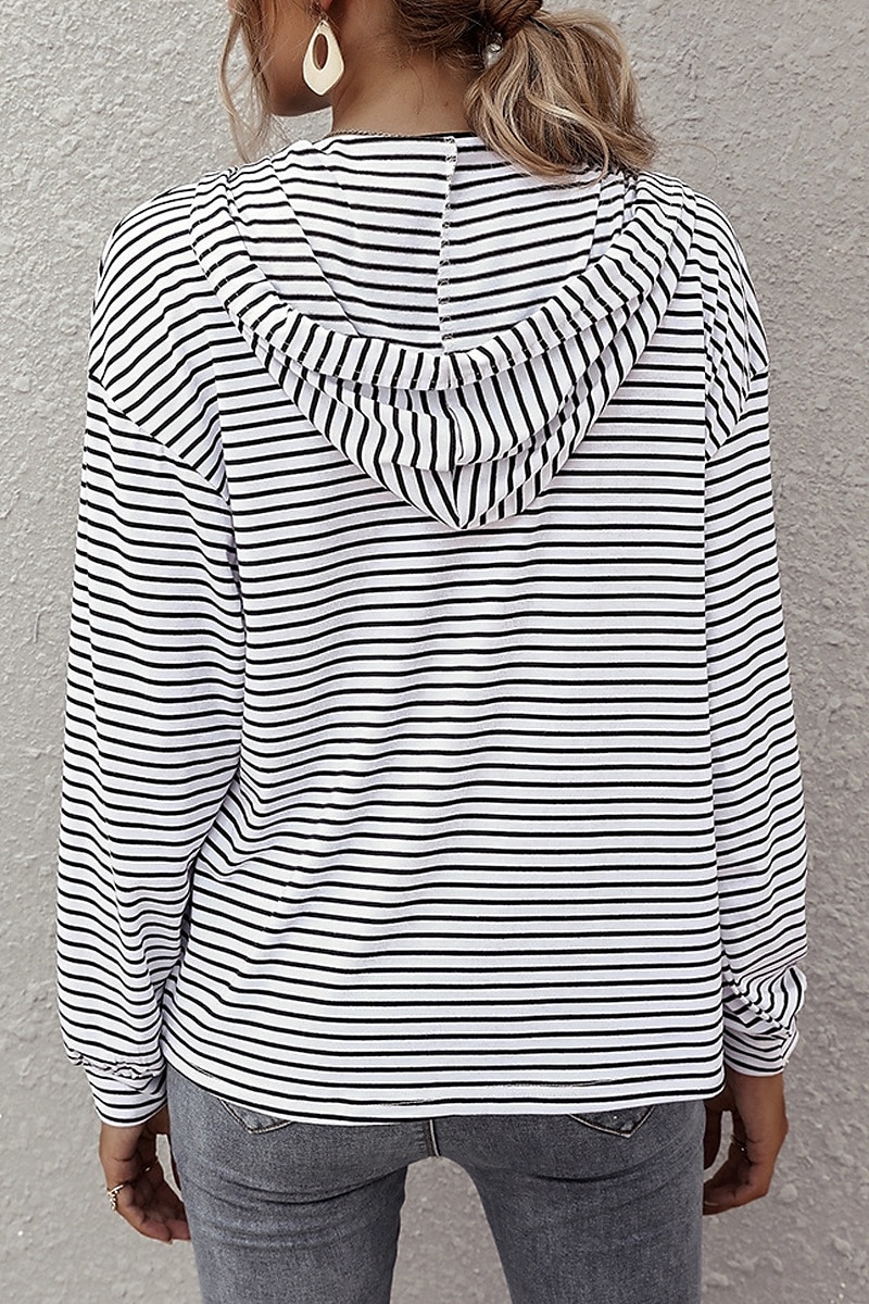 Dames Blouse Gestreept Casual Lange mouw Capuchon Normale tops Dagelijks Uitgaan Zak Wit Bruin Zomer 2025 - $19.49 –P7