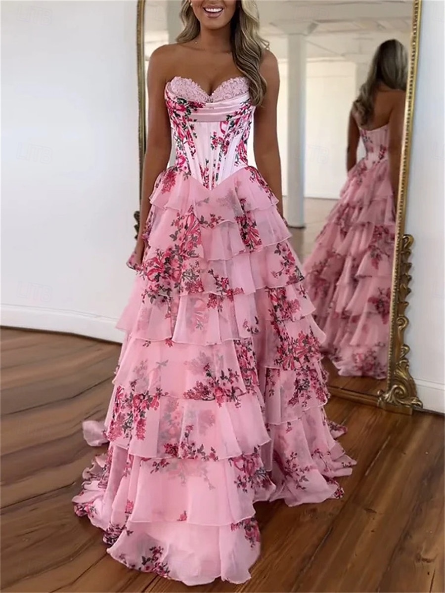 Robe de quinceanera en A robe de corset robe de mariage robe d'invitée longueur de sol sans manches sans bretelles tulle sans dos avec imprimé floral de 2025 ? $189.99 –P6