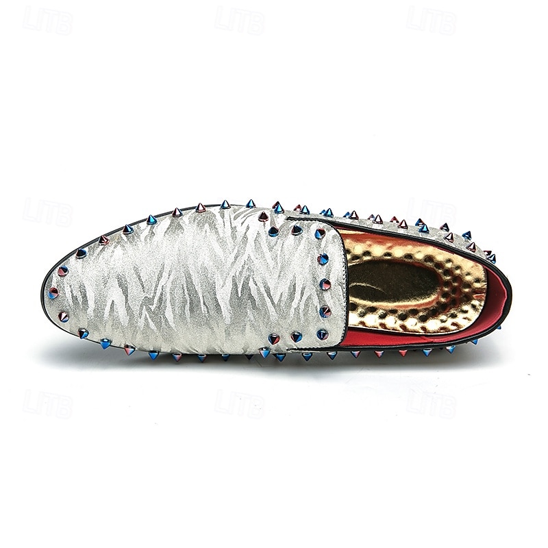 Herren-Loafer aus weißem strukturiertem Satin mit bunten Nieten – modische Ballschuhe für Abschlussfeiern und besondere Anlässe 2025 - $46.99 –P5