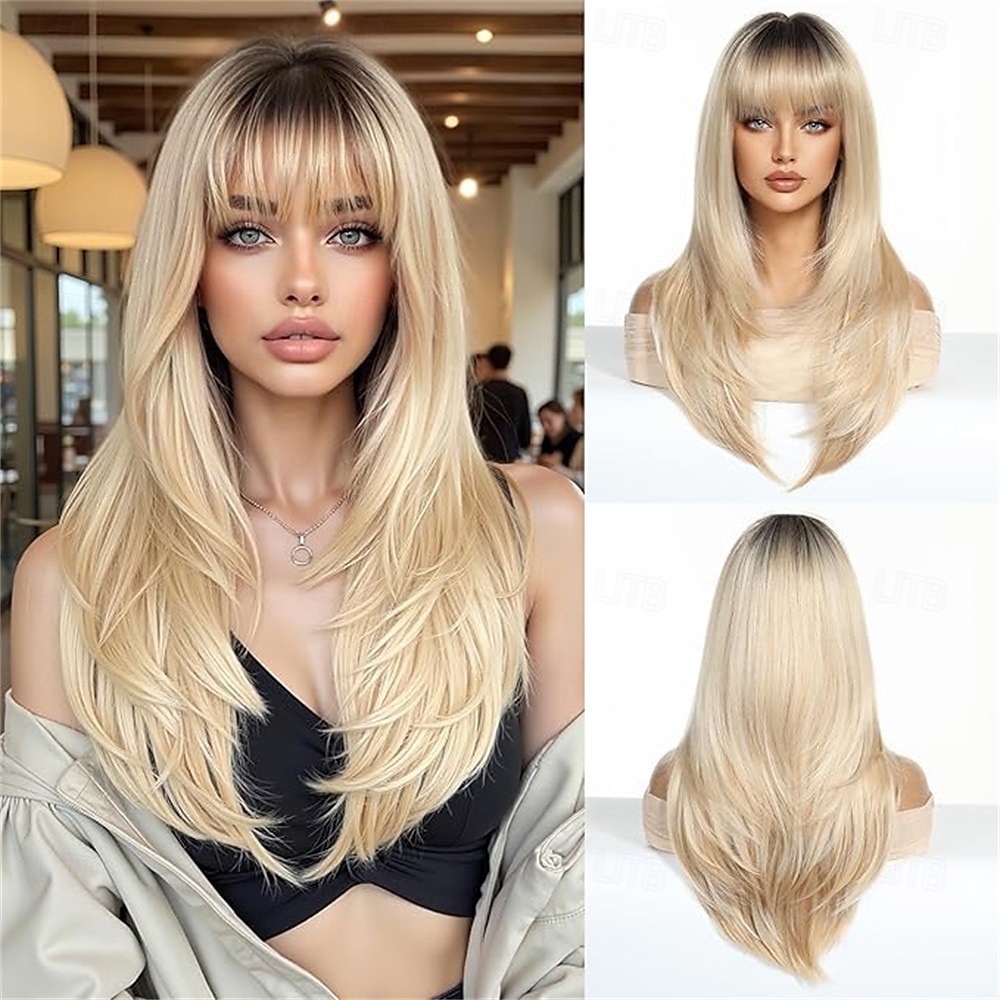 Parrucche lunghe e lisce in rame per donne, parrucche sintetiche naturali con effetto ombré e frangia per l'uso quotidiano alle feste del 2025 a $28.99 –P6
