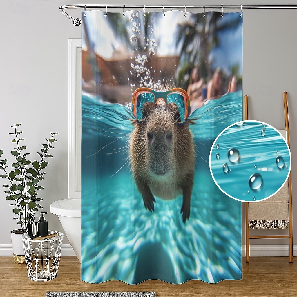 Duschdraperi med Krokar 180cm*180cm(70"*70") Polyester Tvättbar Vattentät Mönster Badrum Badkar Dekor Djur Capybara 2025 - $19.99 –P2