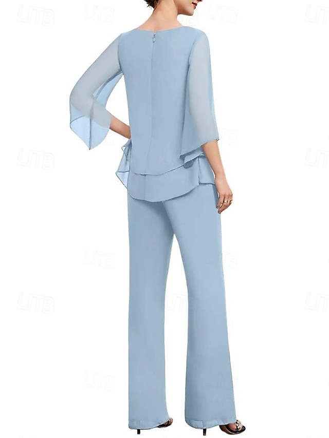 Two Piece Mother of the Bride Dress Elegant Simple Minimalist Crew Neck Floor Length Chiffon Half Sleeve with Cascading Ruffles 2025 2025 - $124.99 –P3