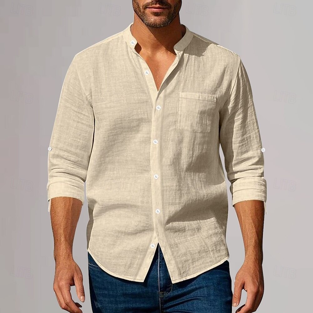 Herren Baumwoll-Leinen-Hemd Tiefer Ausschnitt Einfach Urlaub Strand Schwarz Weiß Khaki Dunkelgray Langarm Großvaterkragen Sommer Frühling Bekleidung Tasche 2025 - $25.99 –P12