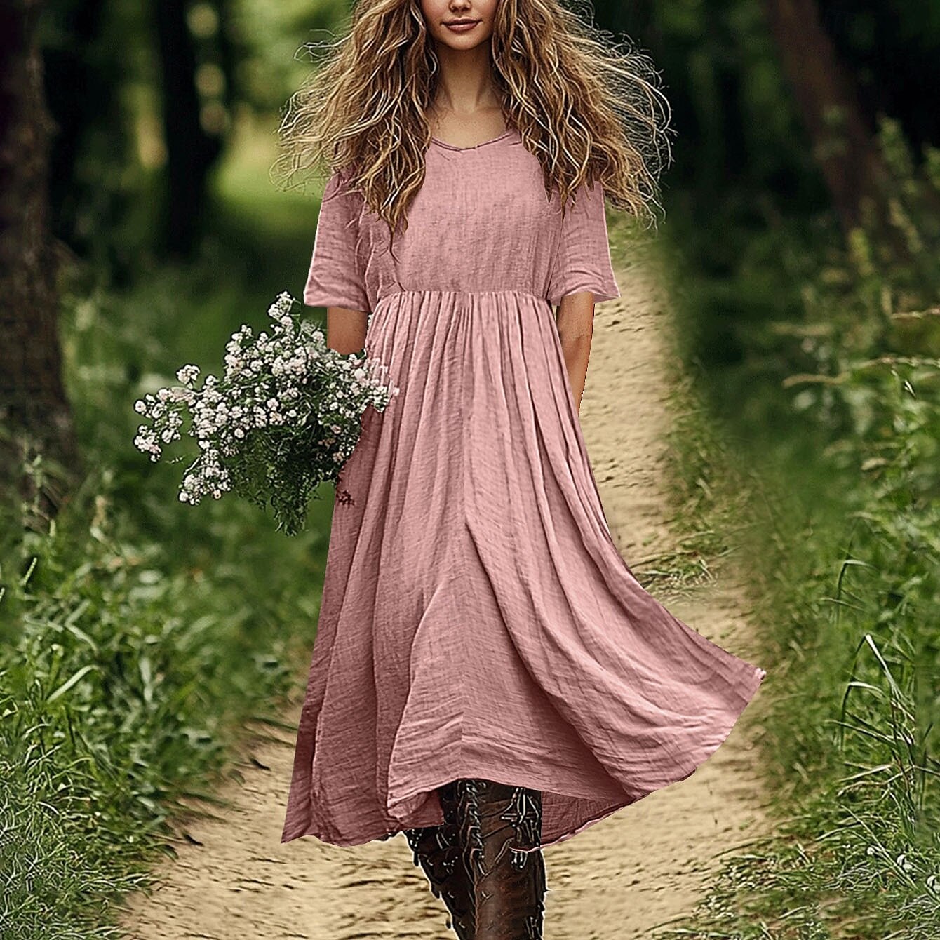 Vestito midi in cotone e lino da donna, abito tubino, abito trapezio, abito estivo casual, quotidiano, per le vacanze, vestibilità ampia, tinta unita, manica corta, scollo a V, bianco, rosa, blu, del 2025 a $32.99 –P3