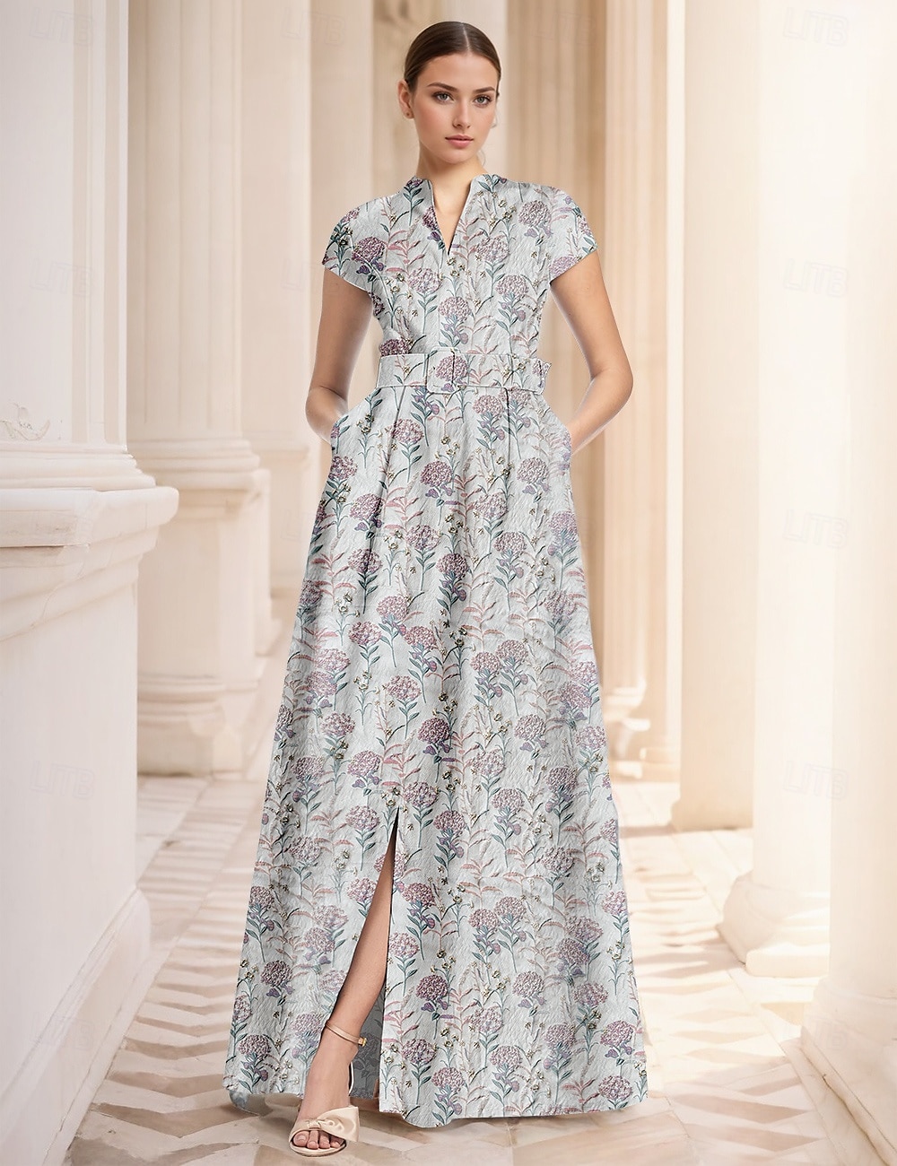 Jacquard A-line večerní šaty elegantní šaty formální svatební délka po zemi krátký rukáv košilový límec nylon s rozparkem kapsou svatební host šaty 2025 - $148.99 –P4