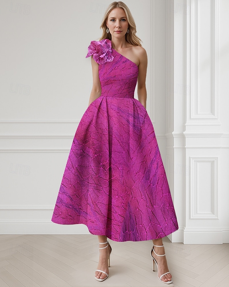 Roze A-Lijn Cocktailjurken Elegante Jurk Formele Bruiloft Enkellengte Mouwloos Eén Schouder Nylon met Zak Schouderbloem Bruiloft Gast Jurk 2025 - $154.99 –P1