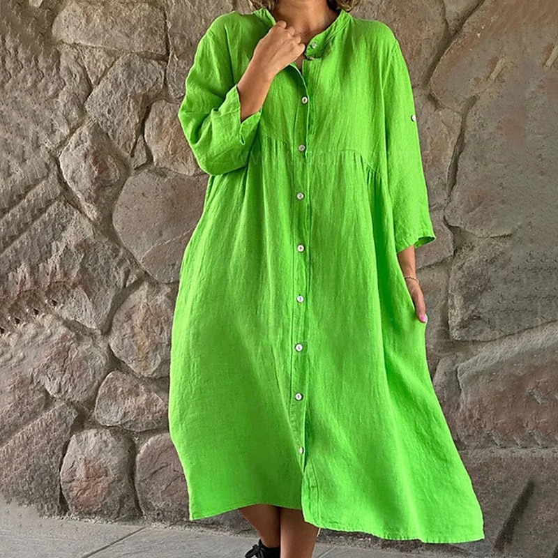 Women's Midi Dress Cotton Linen Dresses Casual Dress Fashion Outdoor Party Holiday Regular Fit Plain Long Sleeve Crew Neck Light Green Pink Grey Summer 2025 - $36.99 –P2