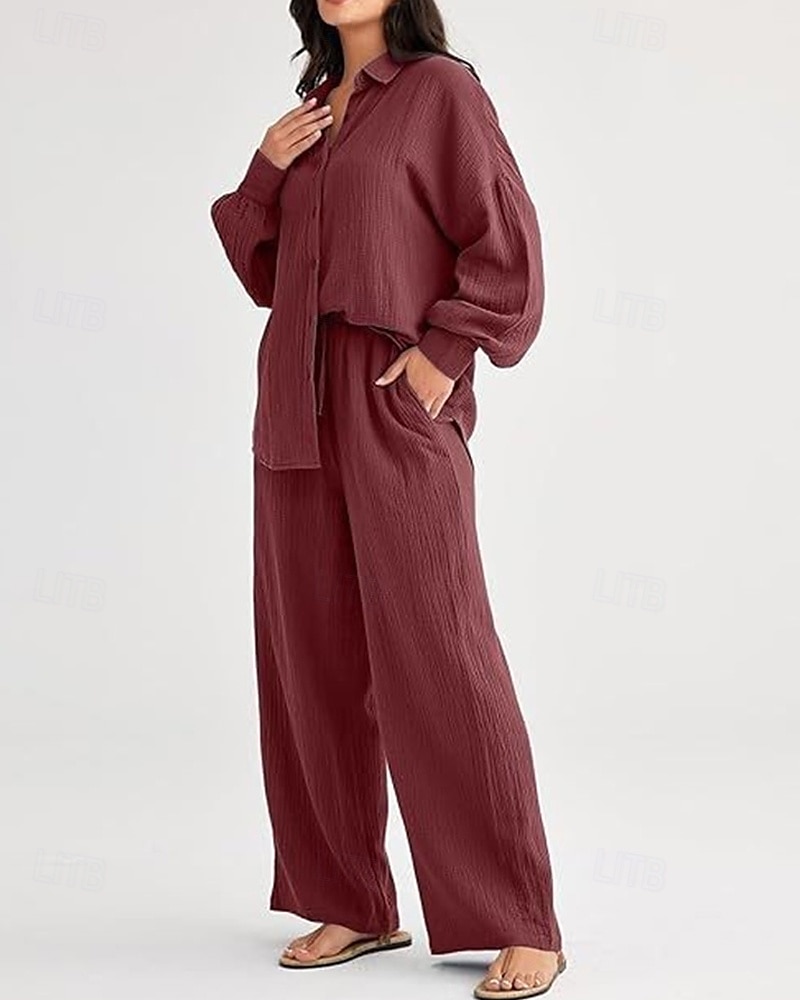 Dam Mode Streetwear Skjorta Tvådelade set Byxuppsättningar Långärmad Tröjkrage Ensfärgat Snörning Dagliga kläder Datum Svart Vin Armégrön Vår Normal 2025 - $38.99 –P17