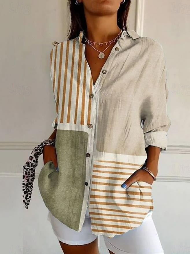 Women's Shirt Linen Like Breathable Lightweight Button Down Tunic Shirt Collar Long Sleeve Graphic Geometric Vintage Tropical Stylish Work Daily s Print Yellow Orange Khaki Spring Fall Winter 2026 - $37.99 –P3