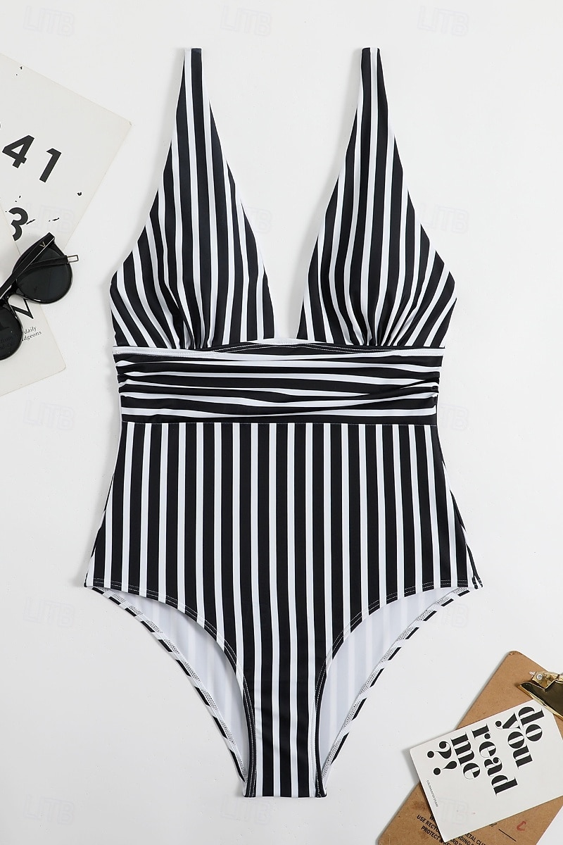 Femmes Maillots de Bain Une Pièce Maillot de bain Dos nu Tropical Tenues de plage Rayé Fil en V Sans manches Maillots de bain de 2025 ? $21.99 –P12