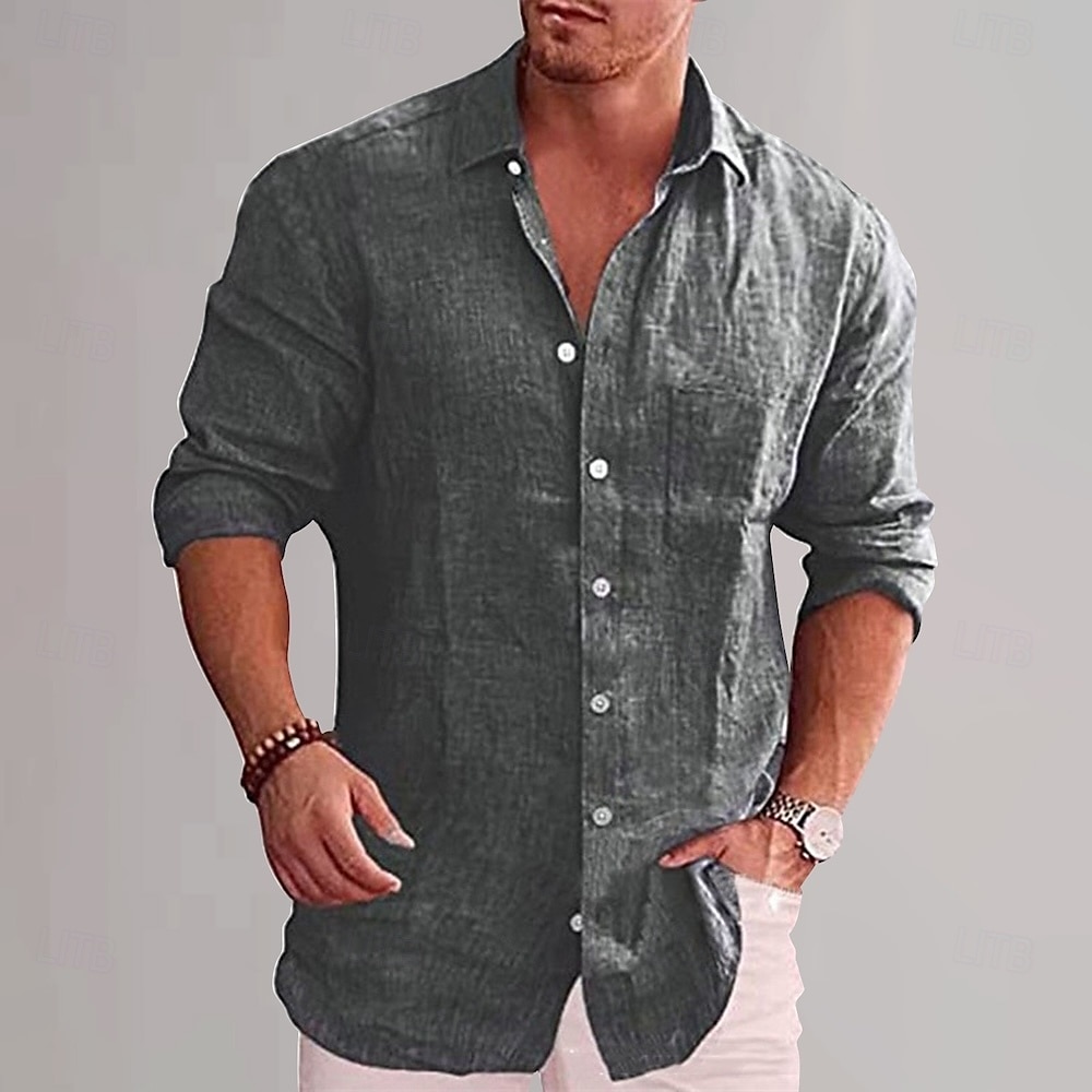 Per uomo Camicia in cotone e lino Semplice Vacanza Nero Bianco Vino Azzurro cielo Manica Lunga Bavero Abbigliamento del 2025 a $25.99 –P11