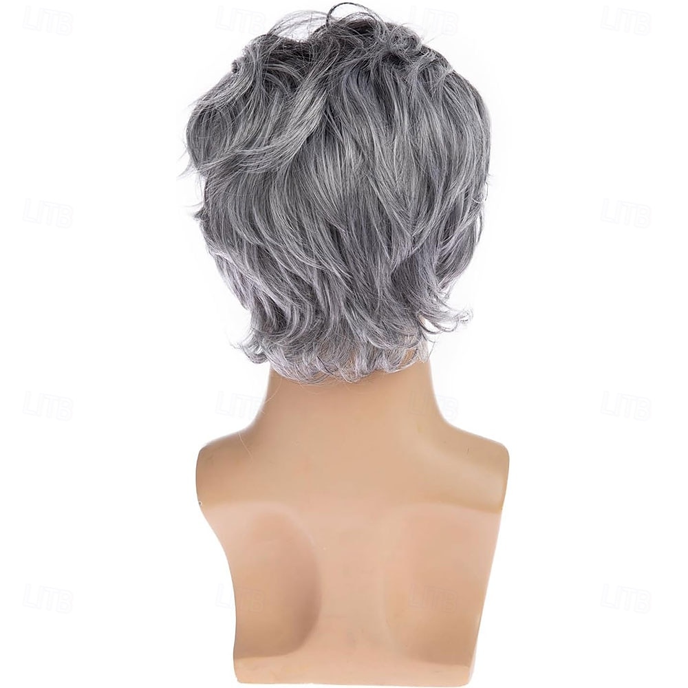 pánská šedá paruka krátká šedá vrstvená halloween cosplay paruka anime kostým party vlasy pro muže 2025 - $25.99 –P5