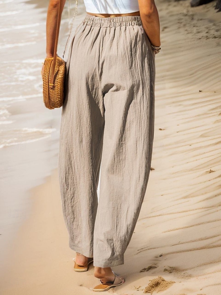 Women's Cotton Linen Pants Baggy Pants Solid Color Vintage Fashion Streetwear Full Length High Waist Plain Pocket Elastic Waistband Comfy Soft Comfortable Micro-elastic Outdoor Vacation Street 2025 - $22.99 –P9